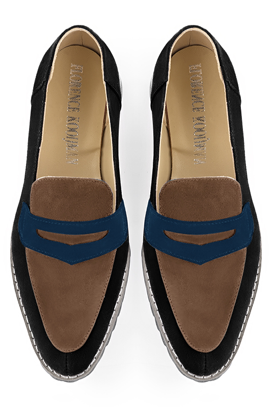 Matt black, chocolate brown and navy blue women's casual loafers. Round toe. Flat rubber soles. Top view - Florence KOOIJMAN